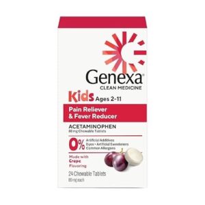 Genexa - Tabletas Masticables Infantiles para Dolor y Fiebre Sabor Uva Orgánica, Acetaminofén 80 mg (24 unidades)