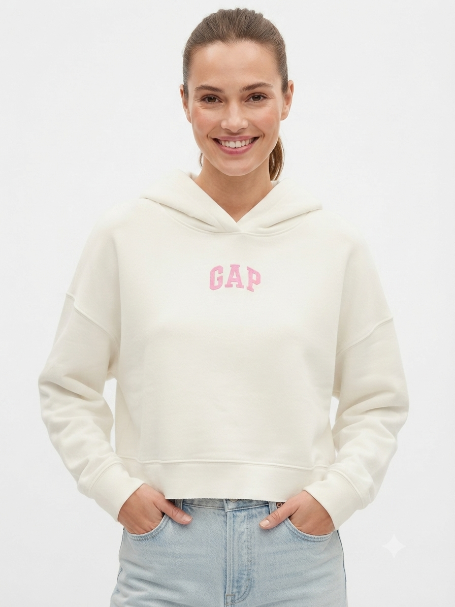 GAP – Polerón con capucha corto blanco con logo rosado