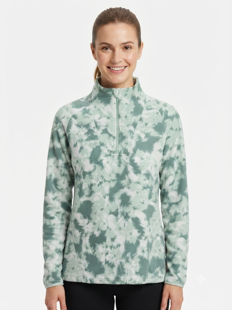 Columbia – Polerón verde y blanco con estampado tie-dye y cierre de medio cuello